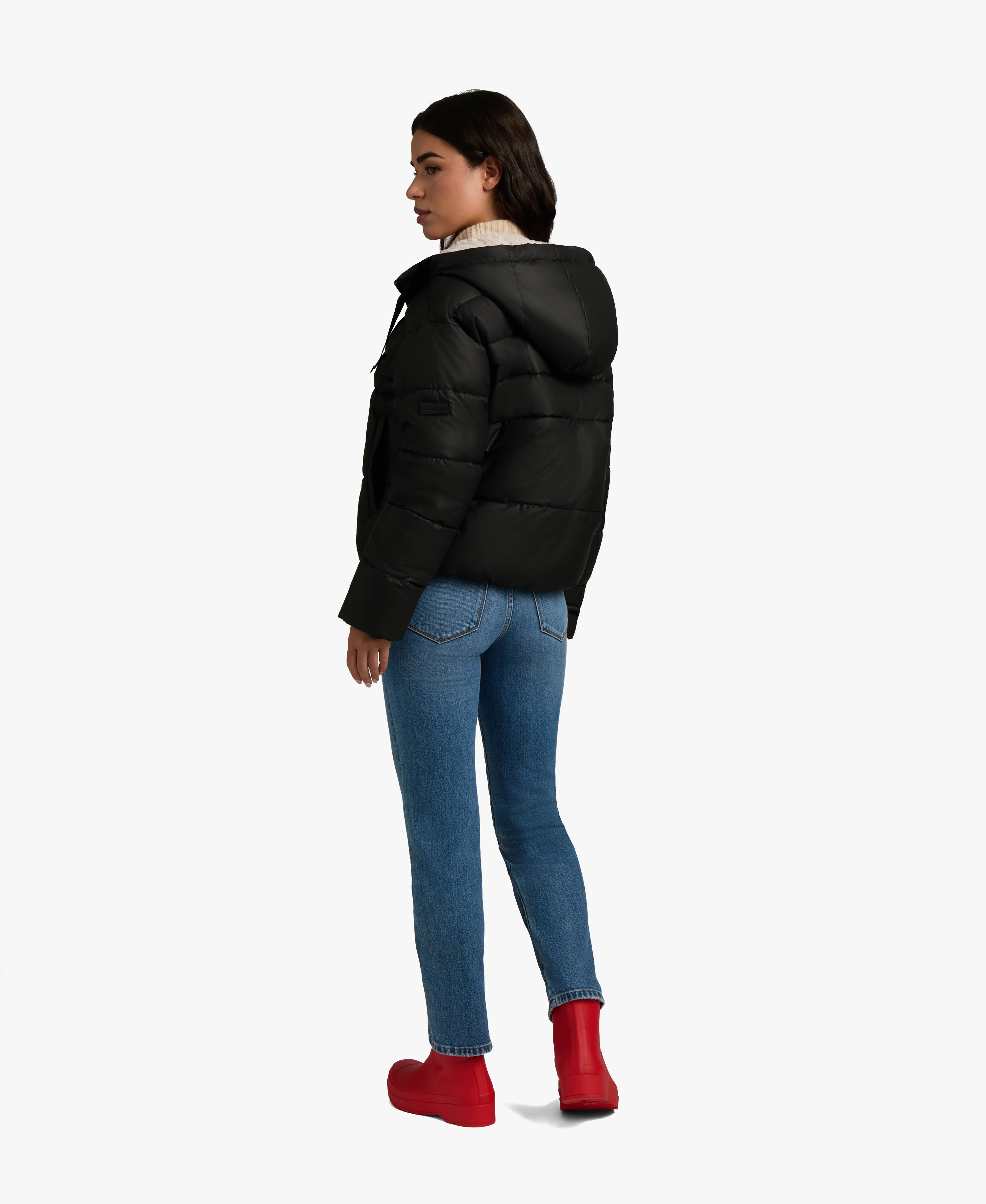 HUNTER WOMEN ADMIRAL PU COATED CROPPED PUFFER JACKET 001 BLACK