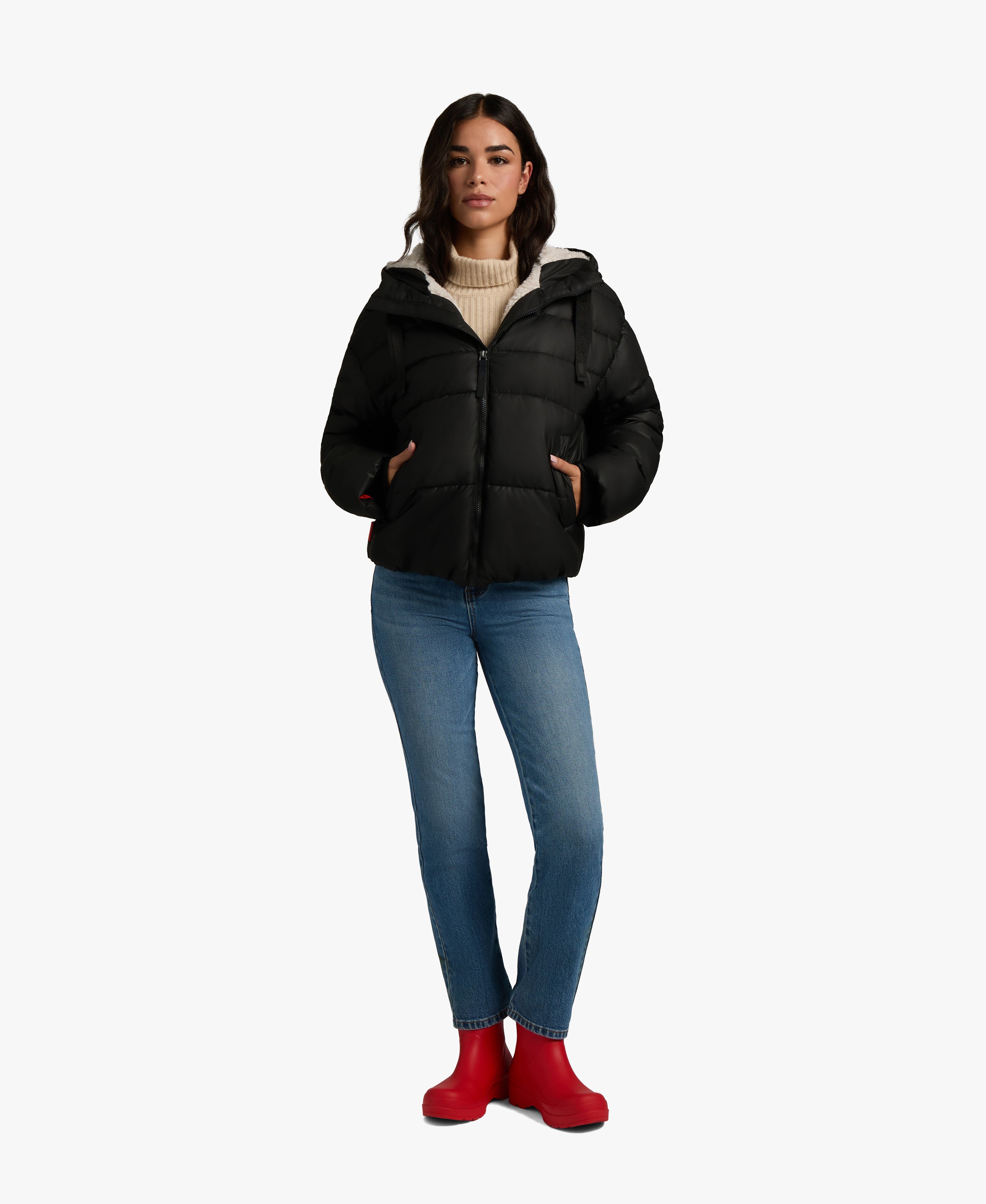 HUNTER WOMEN ADMIRAL PU COATED CROPPED PUFFER JACKET 001 BLACK