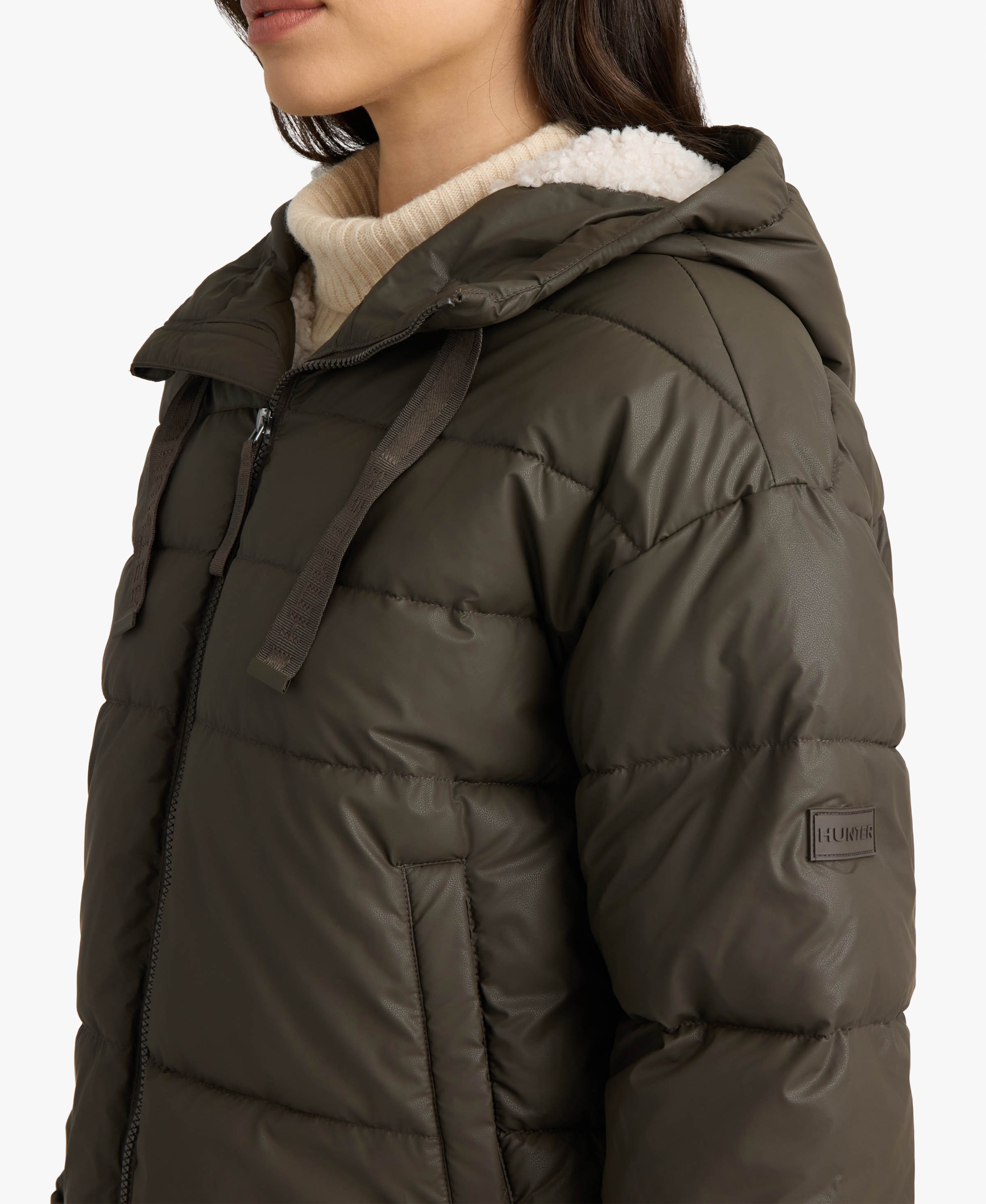 HUNTER WOMEN ADMIRAL PU COATED CROPPED PUFFER JACKET 217 BROWNIE