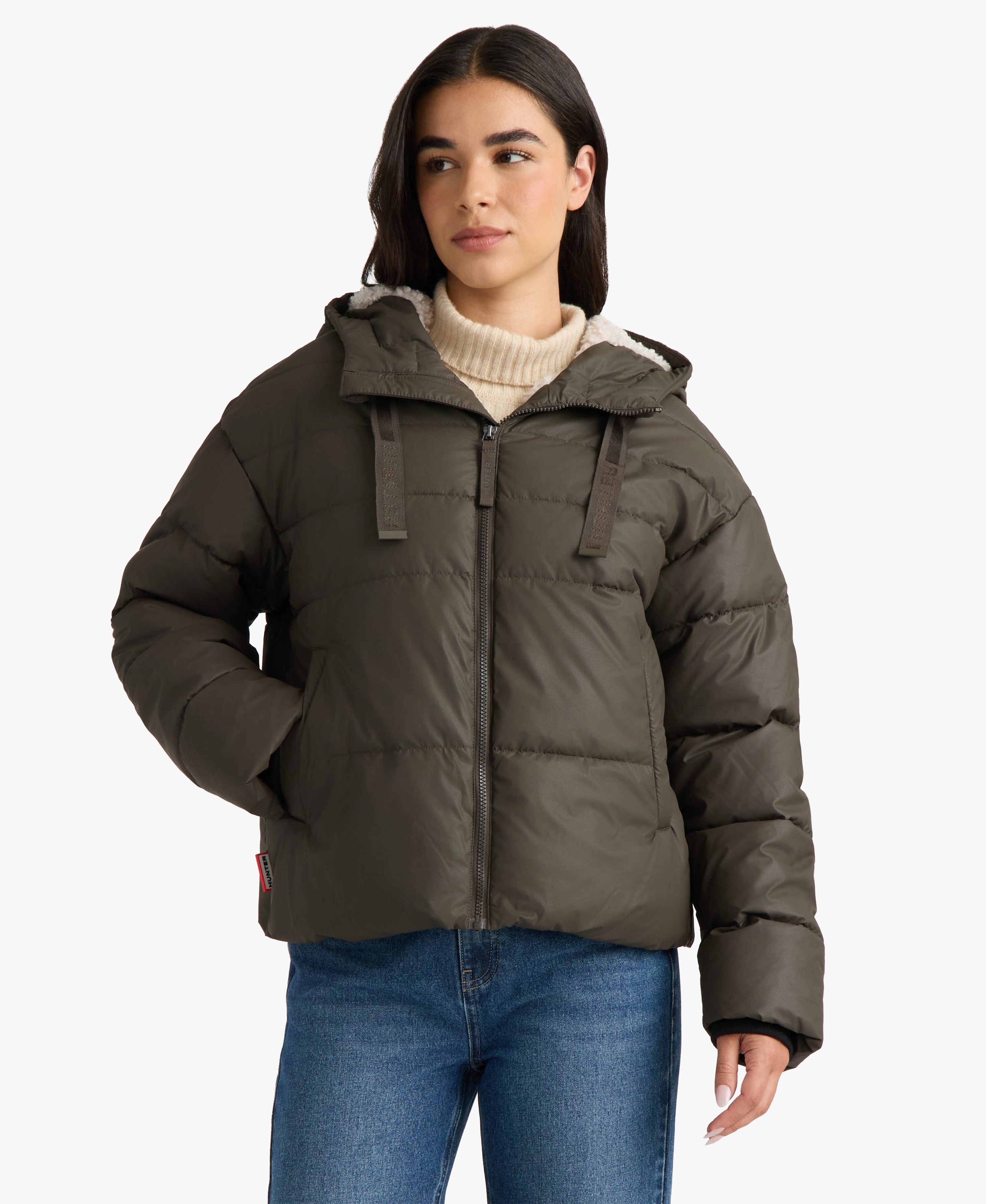 HUNTER WOMEN ADMIRAL PU COATED CROPPED PUFFER JACKET 217 BROWNIE