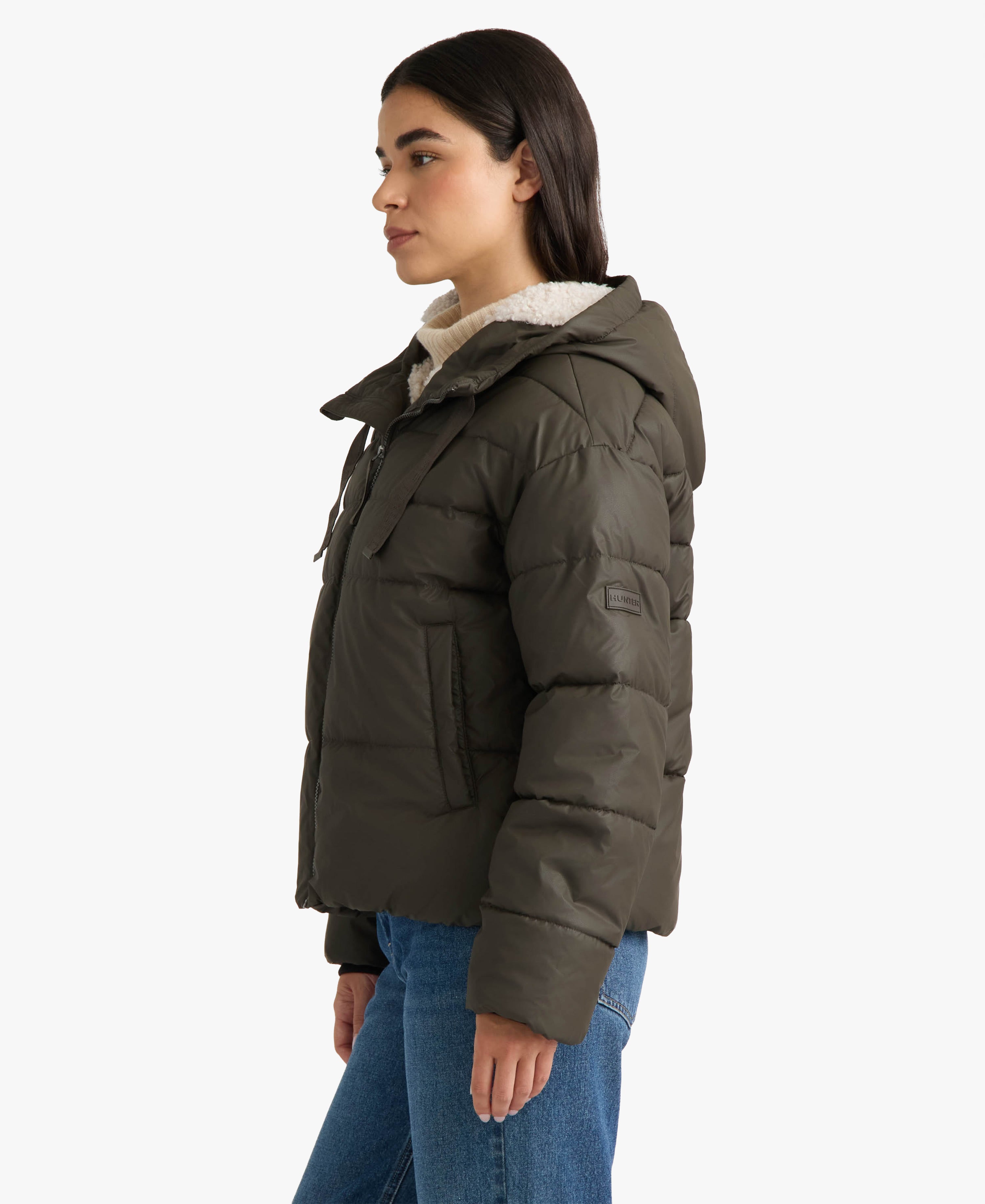 HUNTER WOMEN ADMIRAL PU COATED CROPPED PUFFER JACKET 217 BROWNIE