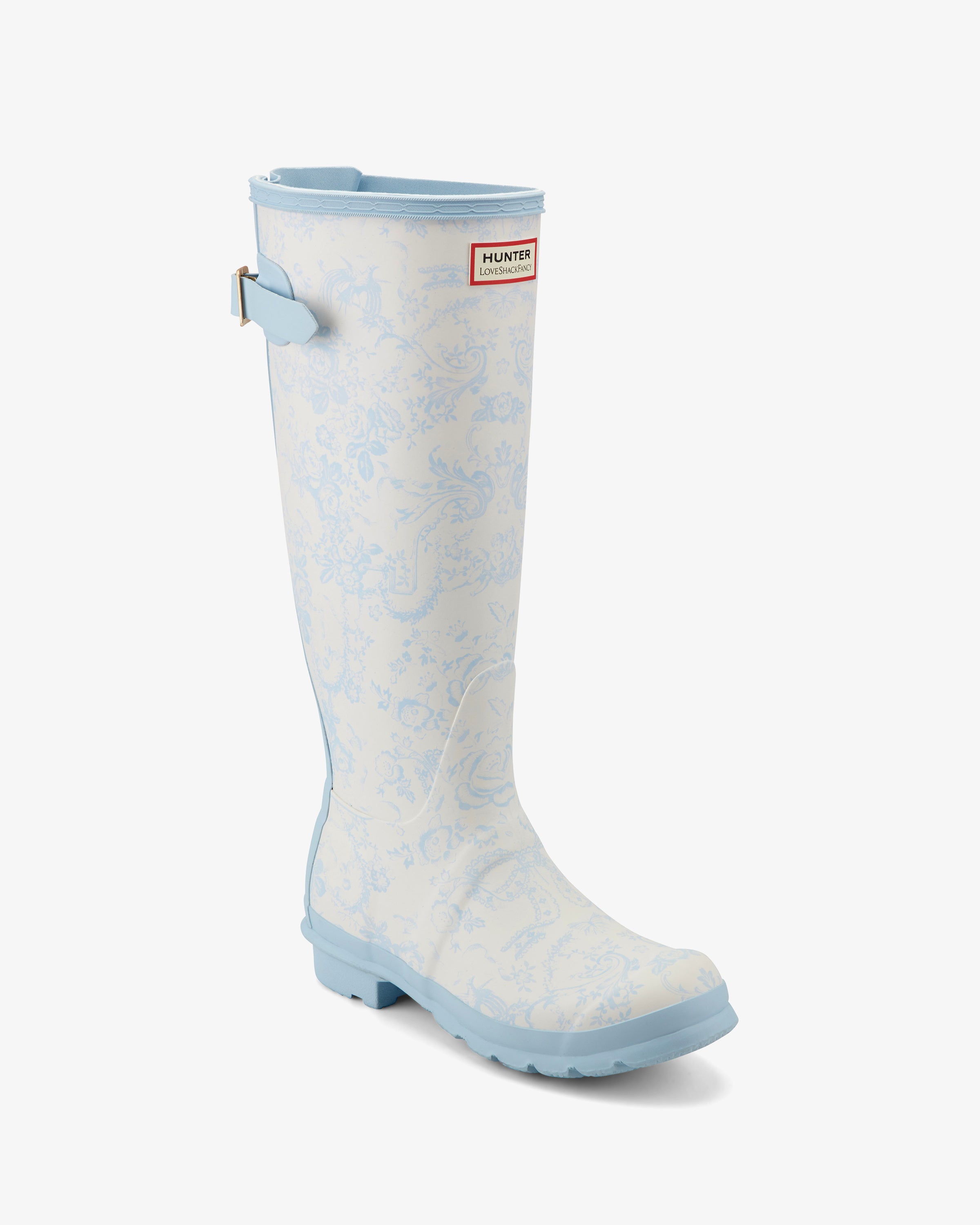HUNTER WOMEN WOMENS ORIGINAL TALL BACK ADJUSTABLE BOOT LOVE SHACK FANCY OFF WHITE MULTI/BABY BLUE/TOSC